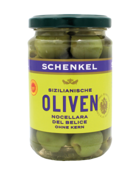 Schenkel Oliven Nocellara del Belice gruen, ohne Kern, aus Sizilien, 150 Gramm Abtropfgewicht